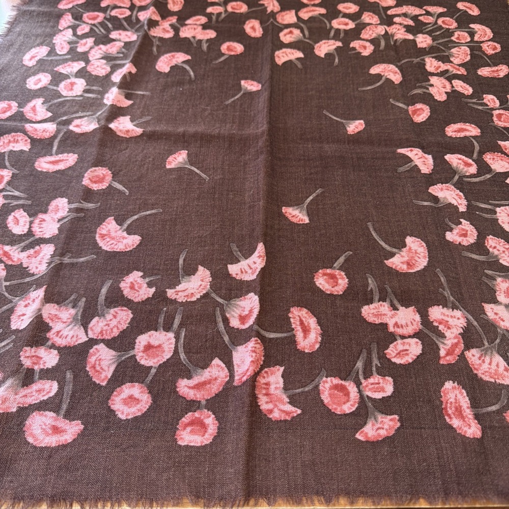 Vtg Vera Neumann Wool Scarf Vibrant Fall Pink Flower On Brown Print 25" Signed